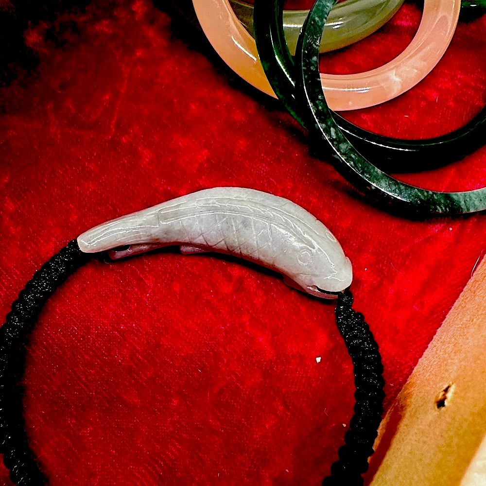🐠 Burmese Jadeite Fish Pendant 🐟 on Black Braided Bracelet